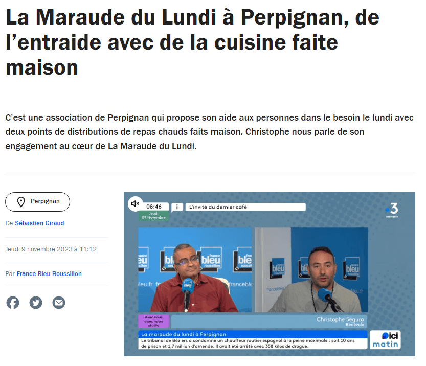 Article France Bleu pour La Maraude du Lundi - Angle RP